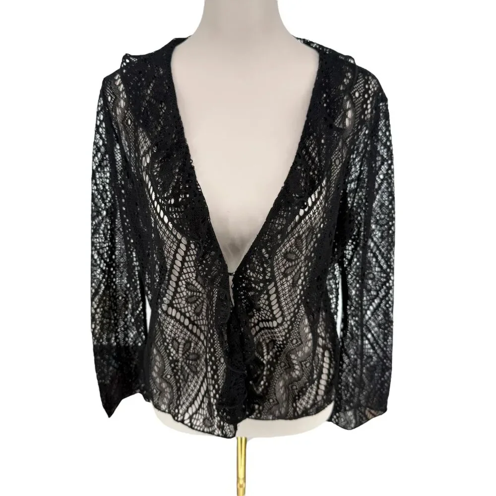 Vintage J. Jill Lace Cardigan Large Petite Black Sheer Ruffle Long Sleeve Boho - Picture 3 of 12